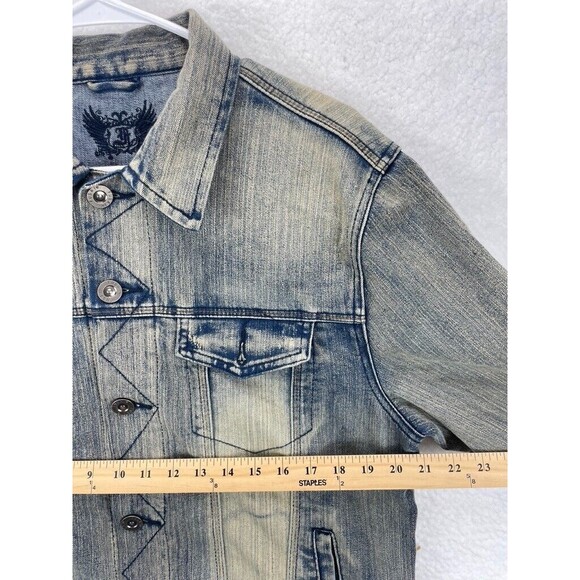 FUSAI Jean Jacket Men’s Size M Blue Distressed Stretch Denim Button Front - Picture 4 of 8
